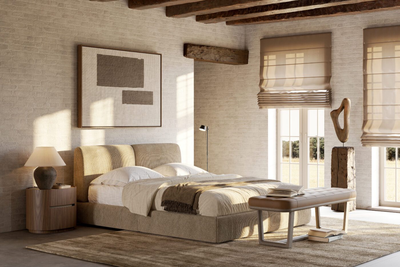 margot plus bed and vincent bench in a bedroom set domkapa A simple bedroom layout with a bed, a table beside it, and a window that brightens the room. Acoustic & Sound-Absorbing Furniture Solutions.