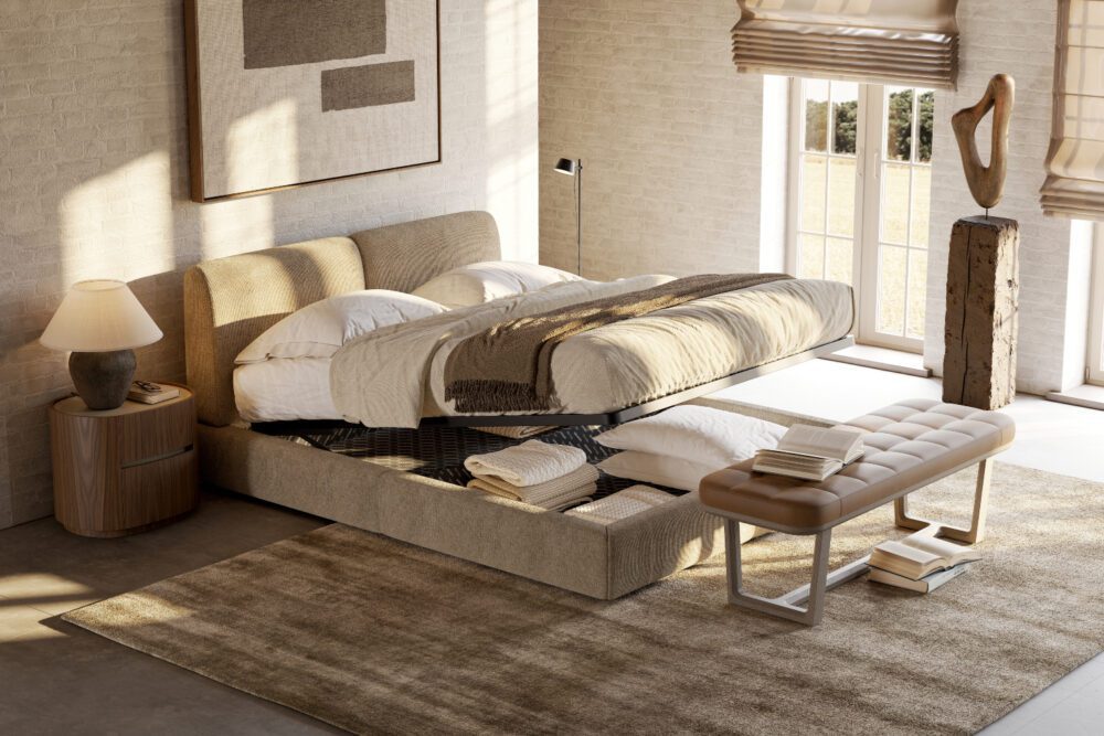 margot plus bed with base open A comfortable bed with an integrated storage unit underneath, providing extra space for belongings in a bedroom design.