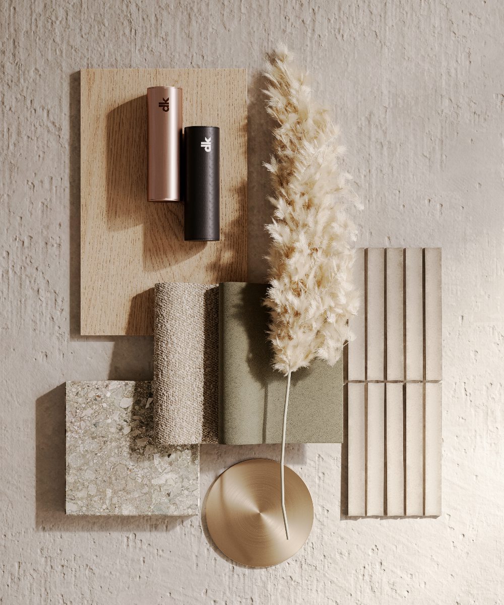 moodboard dk A moodboard featuring a collection of objects alongside a thriving plant, enhancing the visual interest of the space. Textile Trends 2026