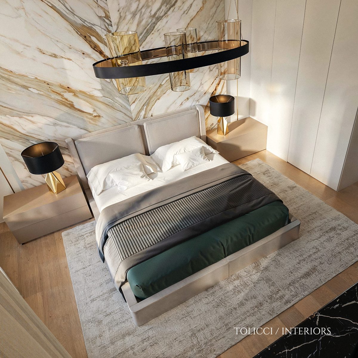 navrh-interieru-luxusny-byt-skypark-bratislava-tolicci-18b Design Stories: A modern bedroom featuring elegant marble walls and a neatly made bed, creating a luxurious atmosphere.