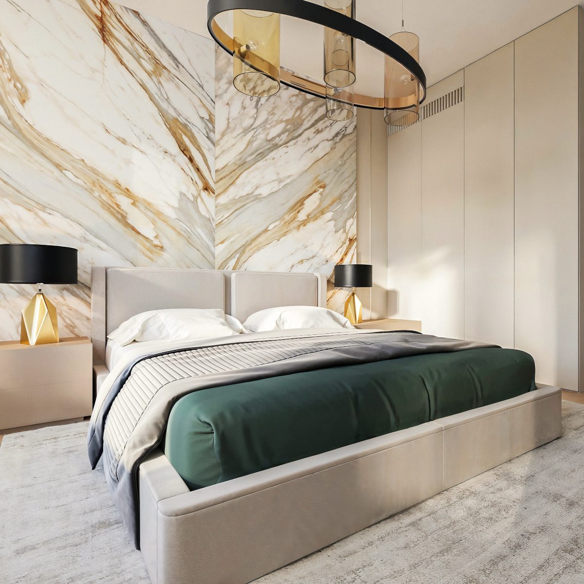 navrh-interieru-luxusny-byt-skypark-bratislava-tolicci-19b Design Stories: modern bedroom design with polished marble walls and a cosy bed, emphasising a chic and upscale aesthetic.