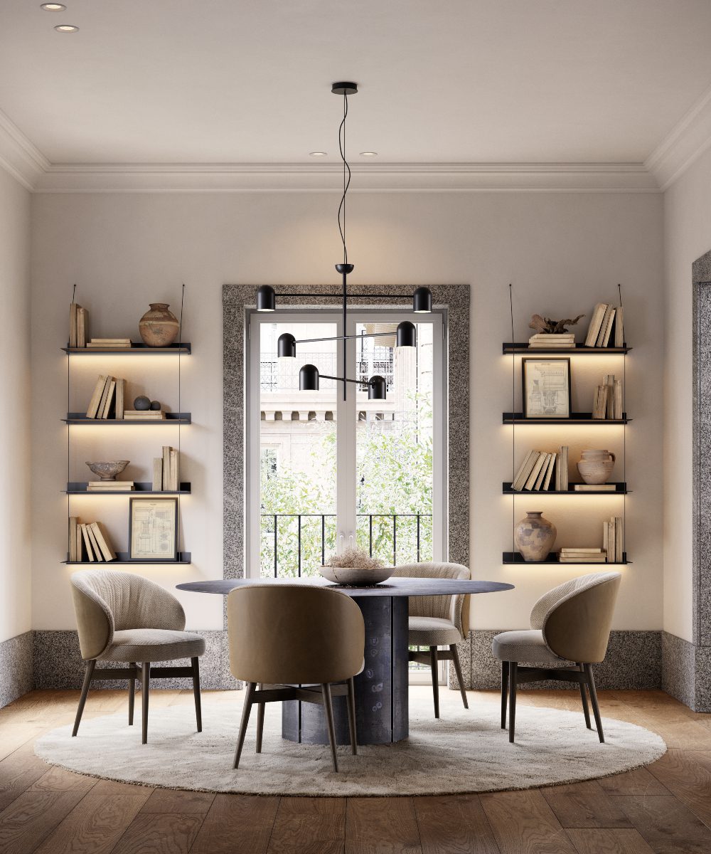 norah dining chair in a dining room set A well-furnished dining room showcasing a round table and chairs, designed for family gatherings and meals.
