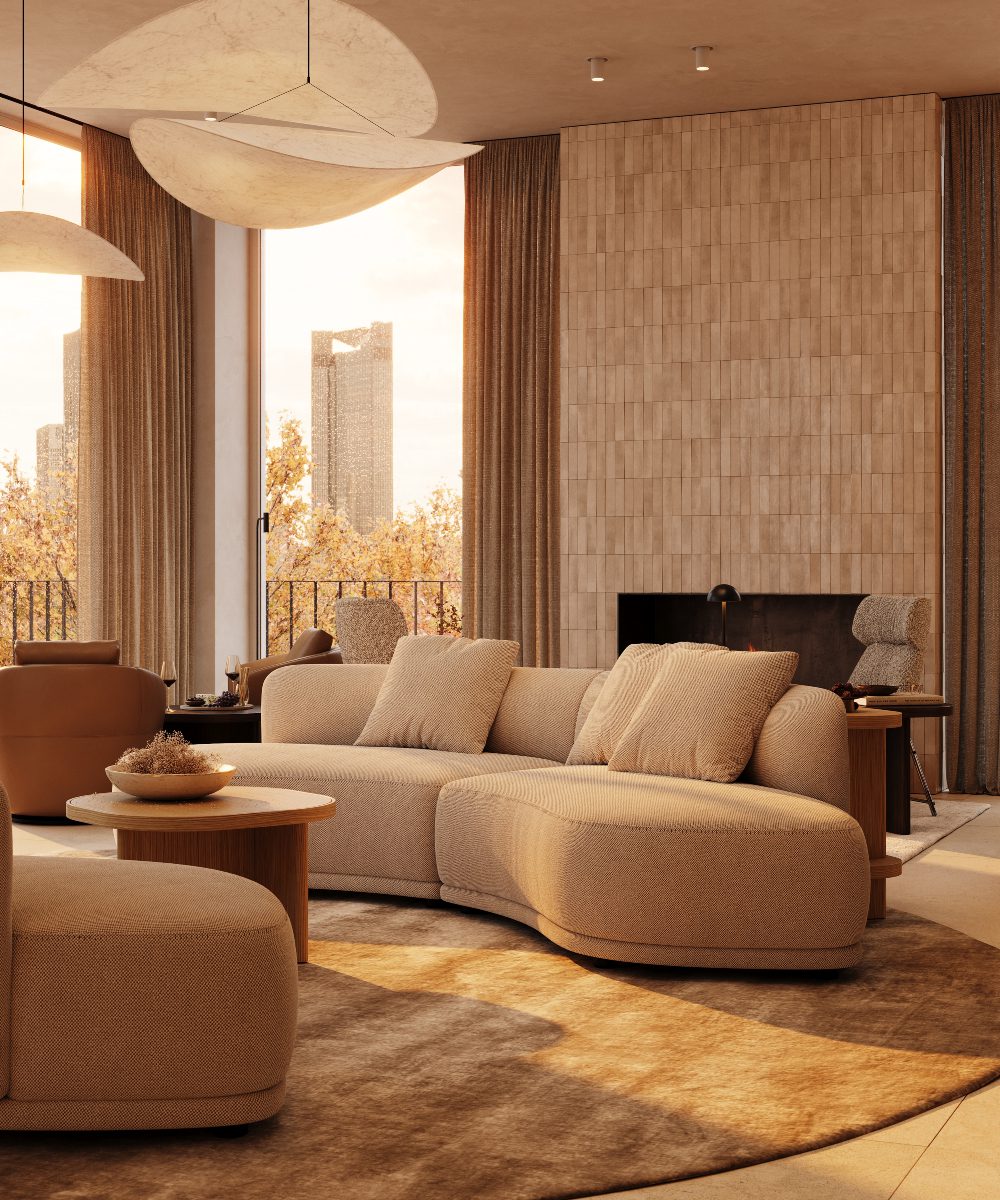 olivia sofa curved sofa domkapa A modern living room showcasing a round sofa, a coffee table, and a fireplace, designed for comfort and socialising. Acoustic & Sound-Absorbing Furniture Solutions