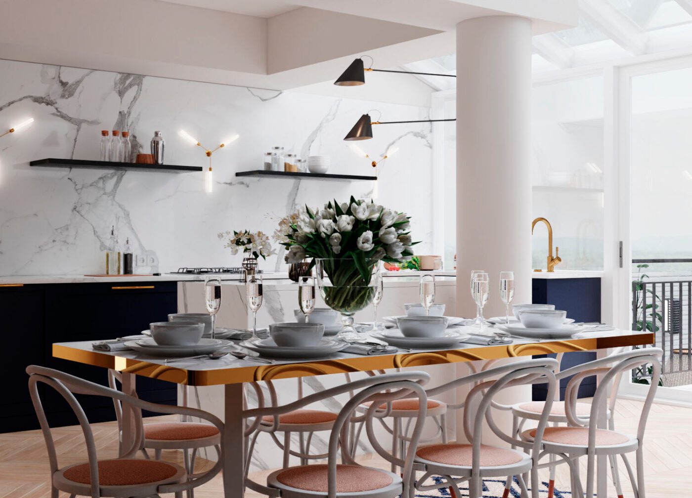 open space by isabel gomez A modern kitchen featuring elegant white marble countertops and stylish blue cabinets, creating a fresh and inviting atmosphere.
