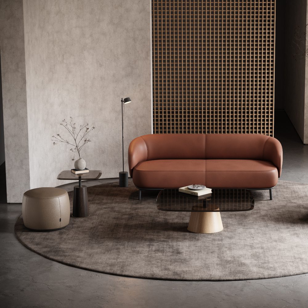 panton coffee table and side table living room A contemporary living room with a red sofa and pouf, designed for comfort and elegance in a warm setting. Coffee table styling