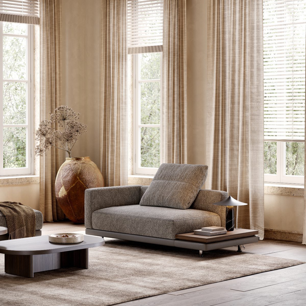reading nook with laurent modular sofa A living room scene with a comfortable modular sofa, a coffee table, and a bright window illuminating the space. Café core