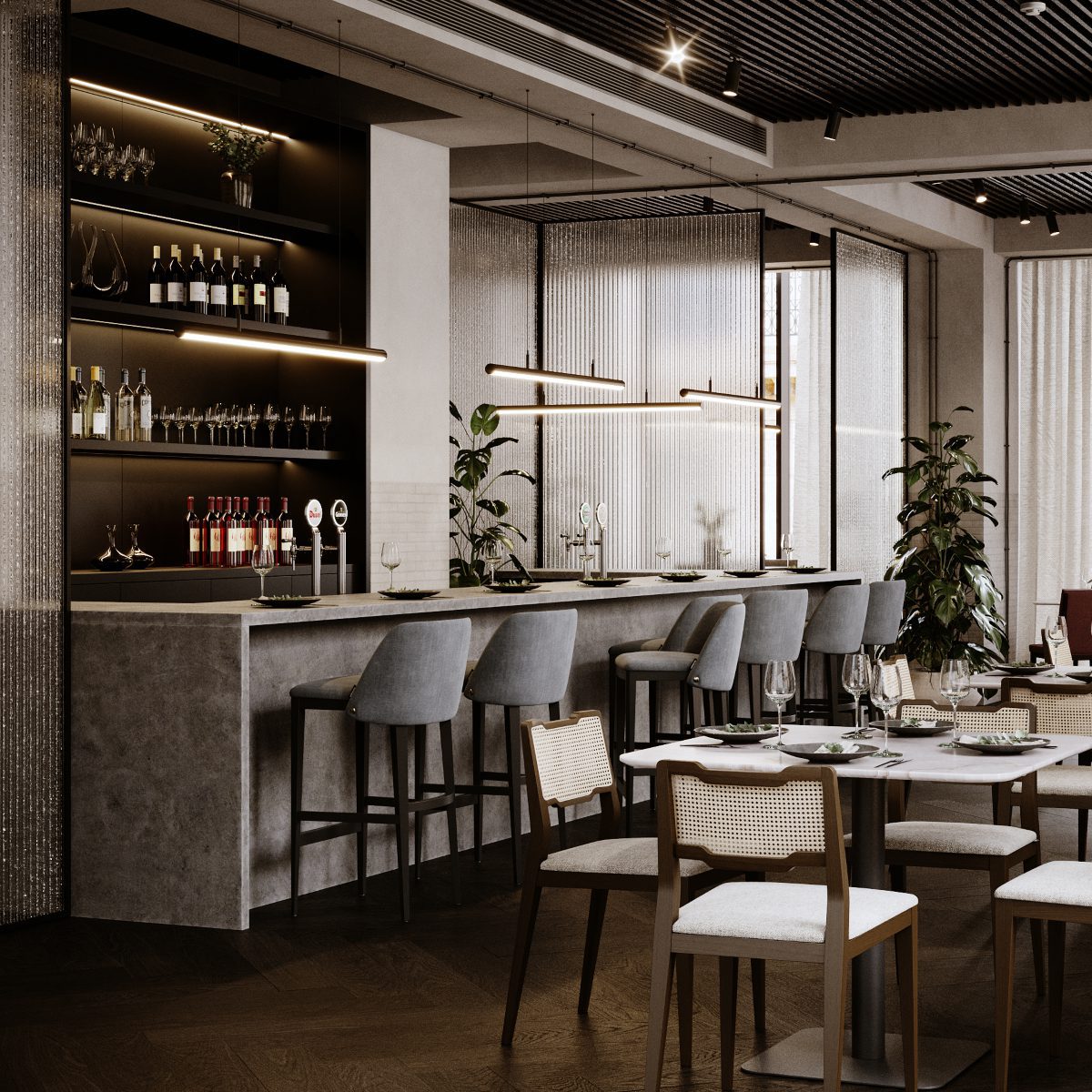 restaurant and bar design by domkapa Contemporary restaurant space showcasing a well-designed bar area with comfortable seating for guests.