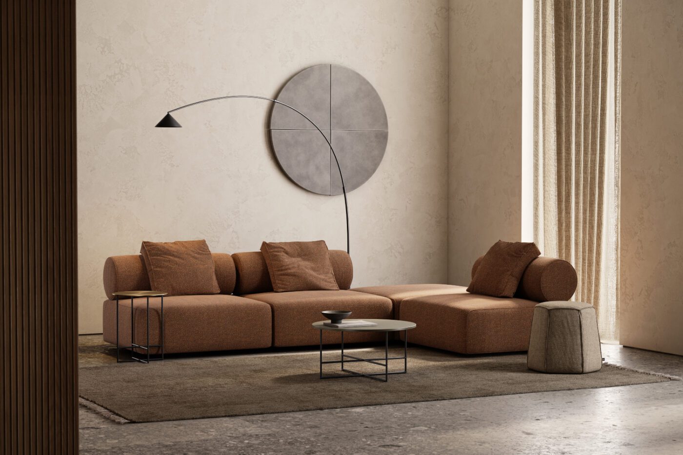 shinto modular sofa in terracotta tones and boucle