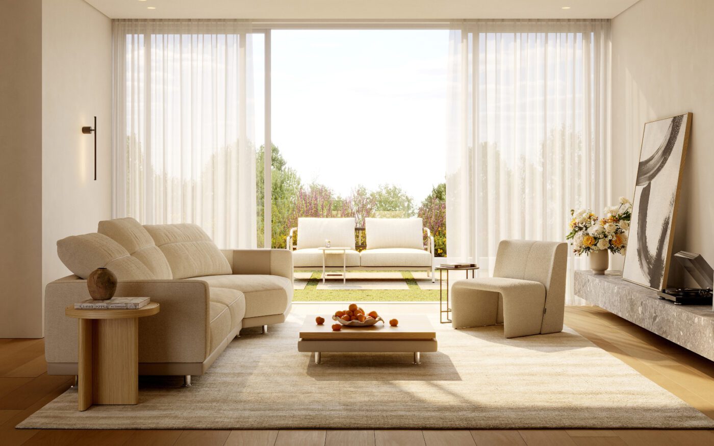 social space design with outdoor zone A bright living room with a comfortable modular sofa, a coffee table and a window that offers a view outside.