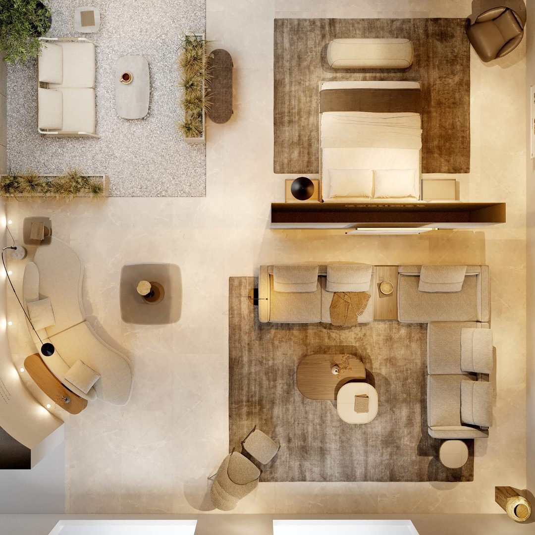 space plan by domkapa (1) A 3D perspective of a home featuring stylish furniture and a warm, inviting atmosphere.