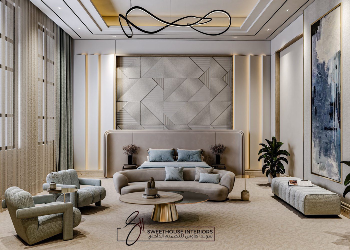 sweet house interiors project A modern bedroom design with a generous bed and a large artwork, contributing to a contemporary and inviting environment. By Sweethouse Interiors, an interior design firm from middle east.