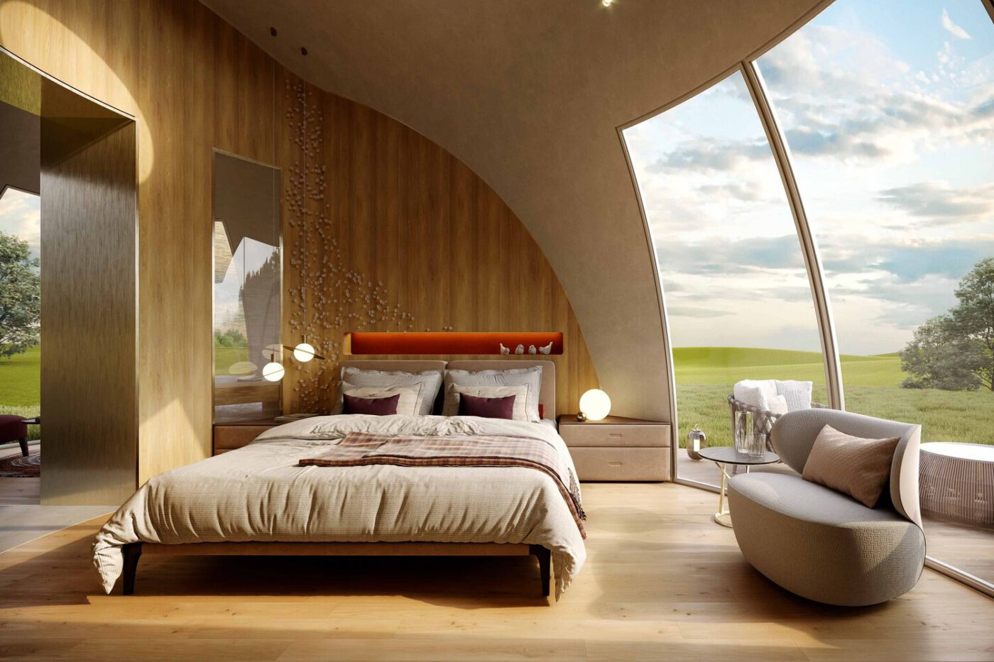 sybille de margerie (1) Bright bedroom with a spacious window illuminating a comfortable bed, creating a warm and inviting atmosphere.