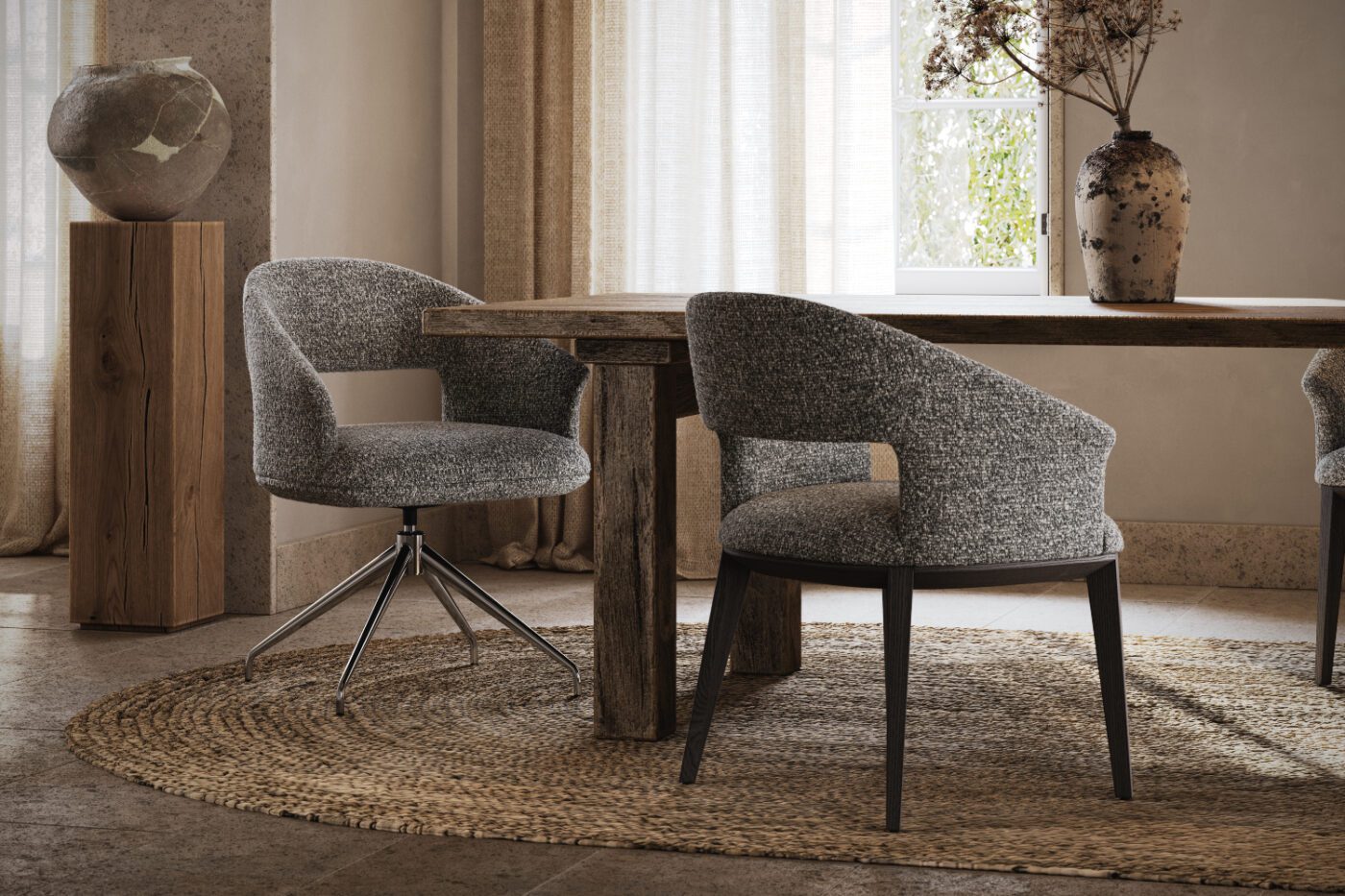 two versions of the jermain chair A dining room featuring a wooden table surrounded by four chairs, with soft lighting creating a warm atmosphere. The chairs are custom-made furniture.