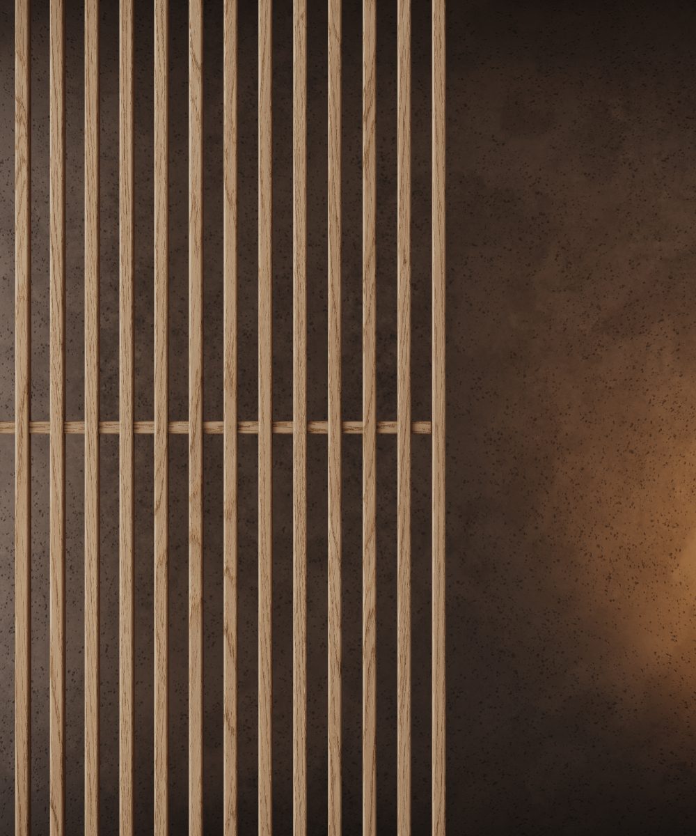 vertical lines in a wall A wooden wall illuminated by a light, with wooden lines visible alongside it.
