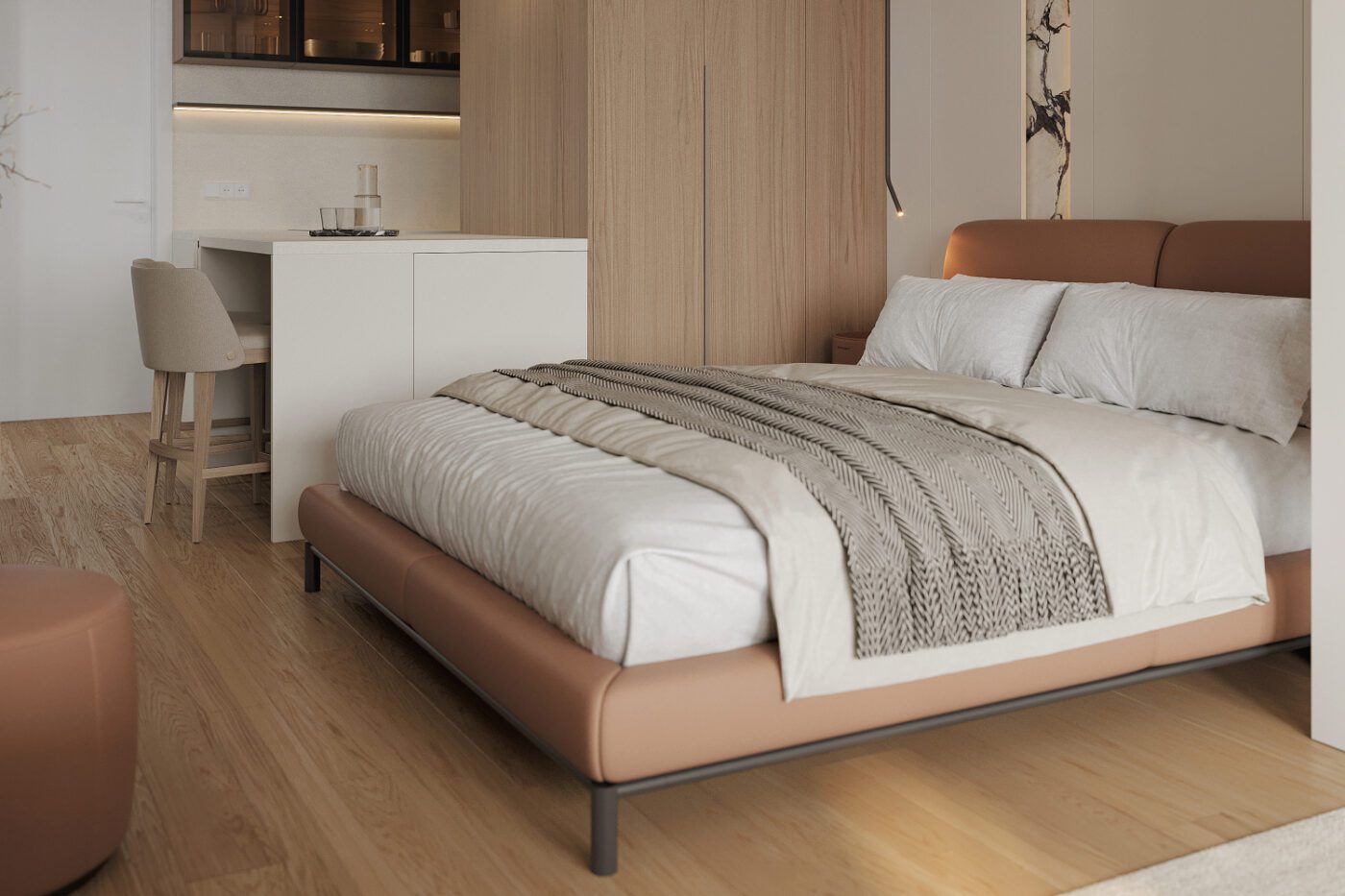 white home project with margot Modern bedroom with a brown leather bed, white sheets, and a textured gray blanket. Wooden floors and a compact table set add warmth and minimalism. By White Home